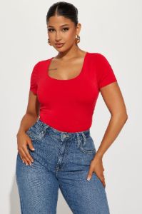 Tabitha Short Sleeve Bodysuit - Red sold by Fashion Nova