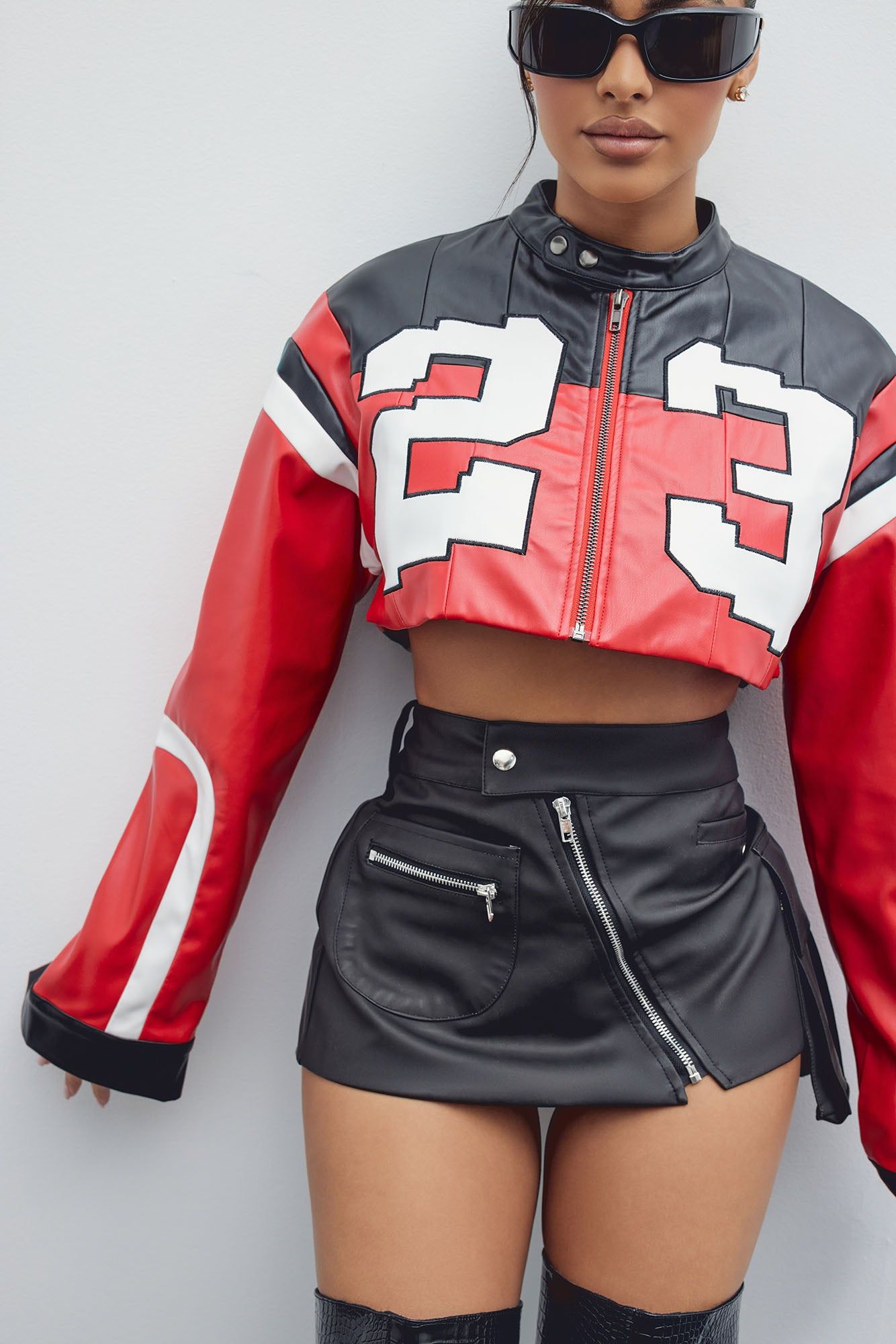Home Team Cropped Moto Jacket - Red/combo sold by Fashion Nova product image thumbnail 2