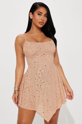 Elise Rhinestone Mesh Mini Dress - Nude sold by Fashion Nova