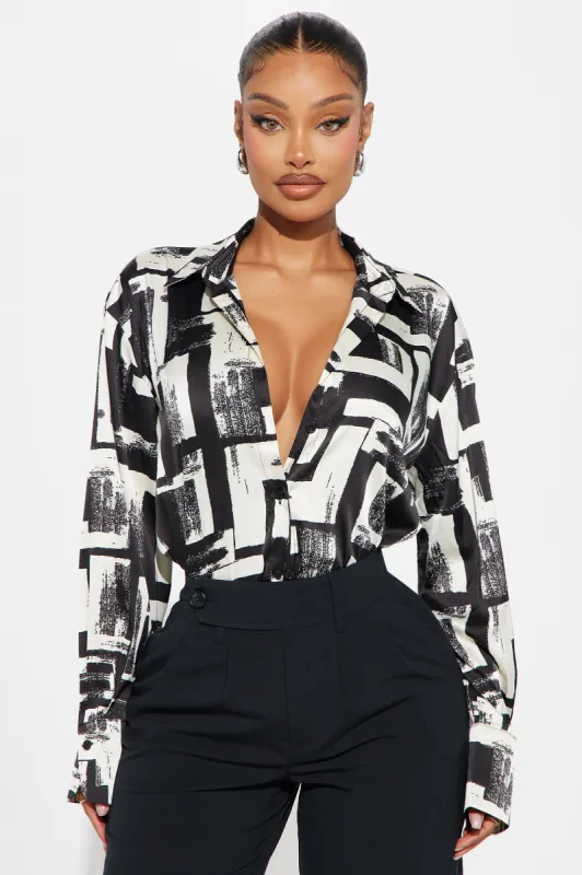 Track Record Satin Printed Shirt - Black/White sold by Fashion Nova