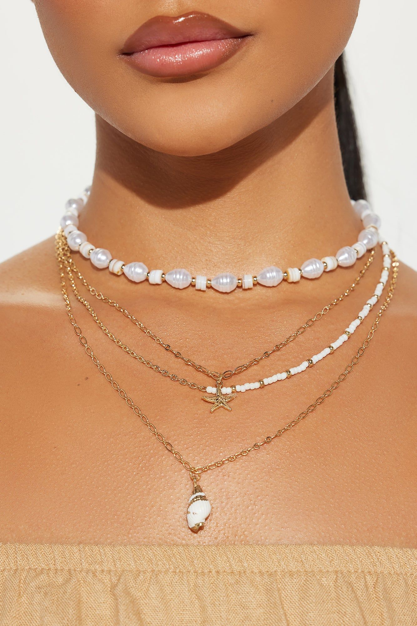 Life By The Beach Layered Necklace - White/Gold sold by Fashion Nova