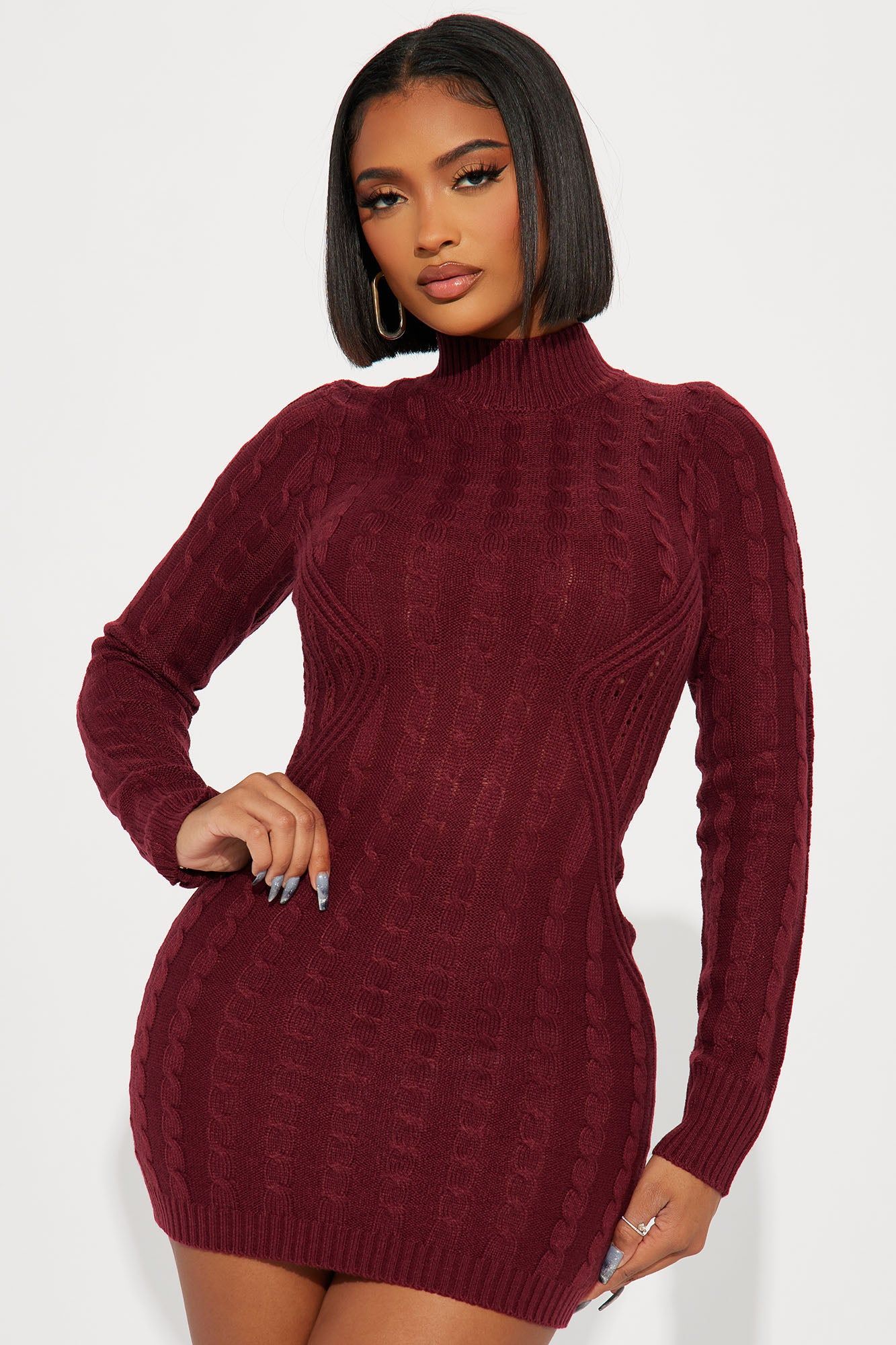 Cari Cable Knit Mini Dress - Burgundy sold by Fashion Nova