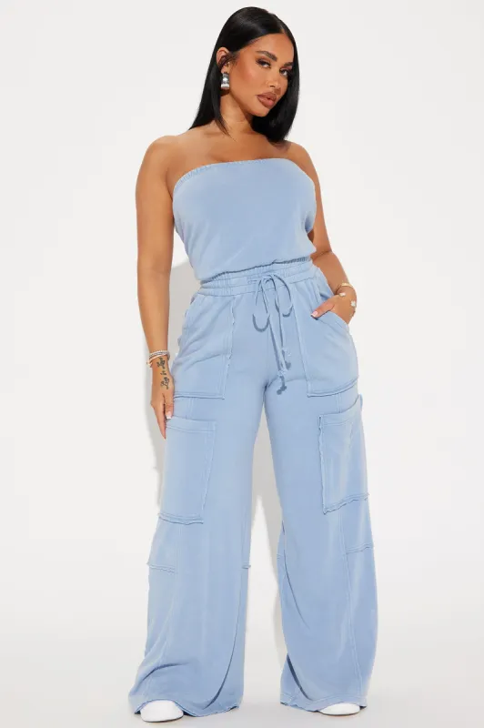 Lounge Around Washed Jumpsuit - Light Blue sold by Fashion Nova