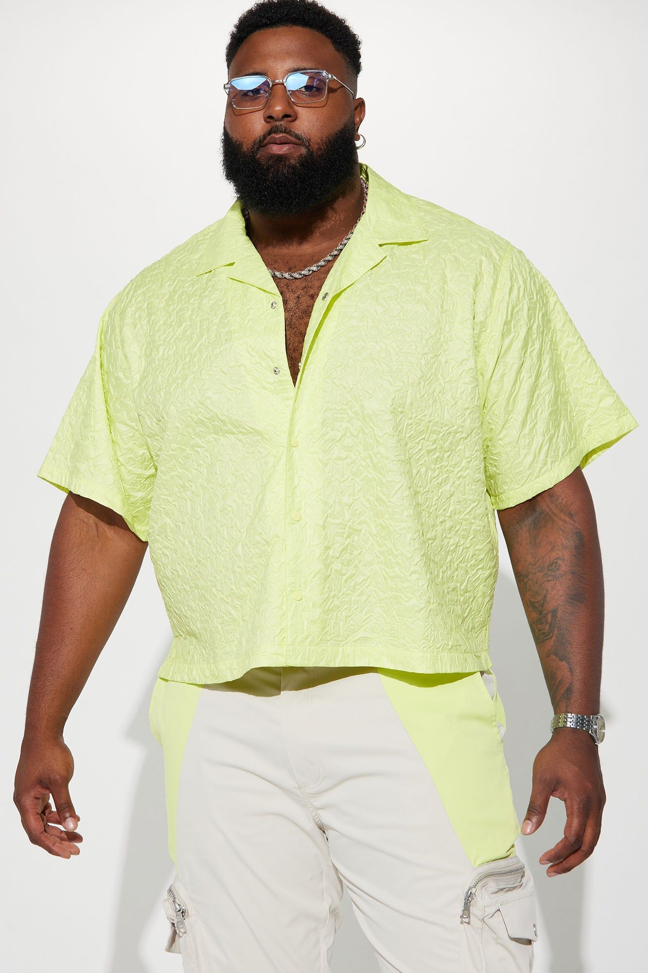 Indio Textured Nylon Cropped Button Up Shirt - Lime sold by Fashion Nova product image thumbnail 2