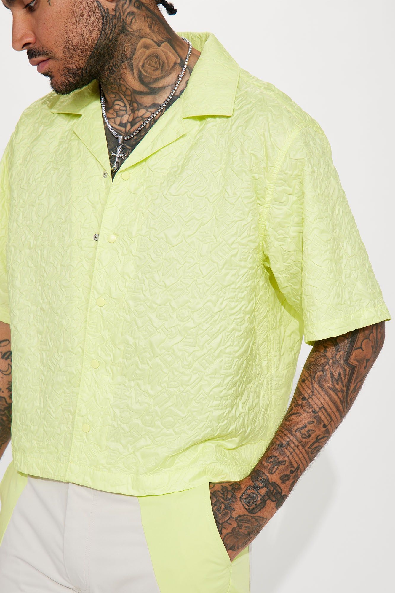 Indio Textured Nylon Cropped Button Up Shirt - Lime sold by Fashion Nova product image thumbnail 4