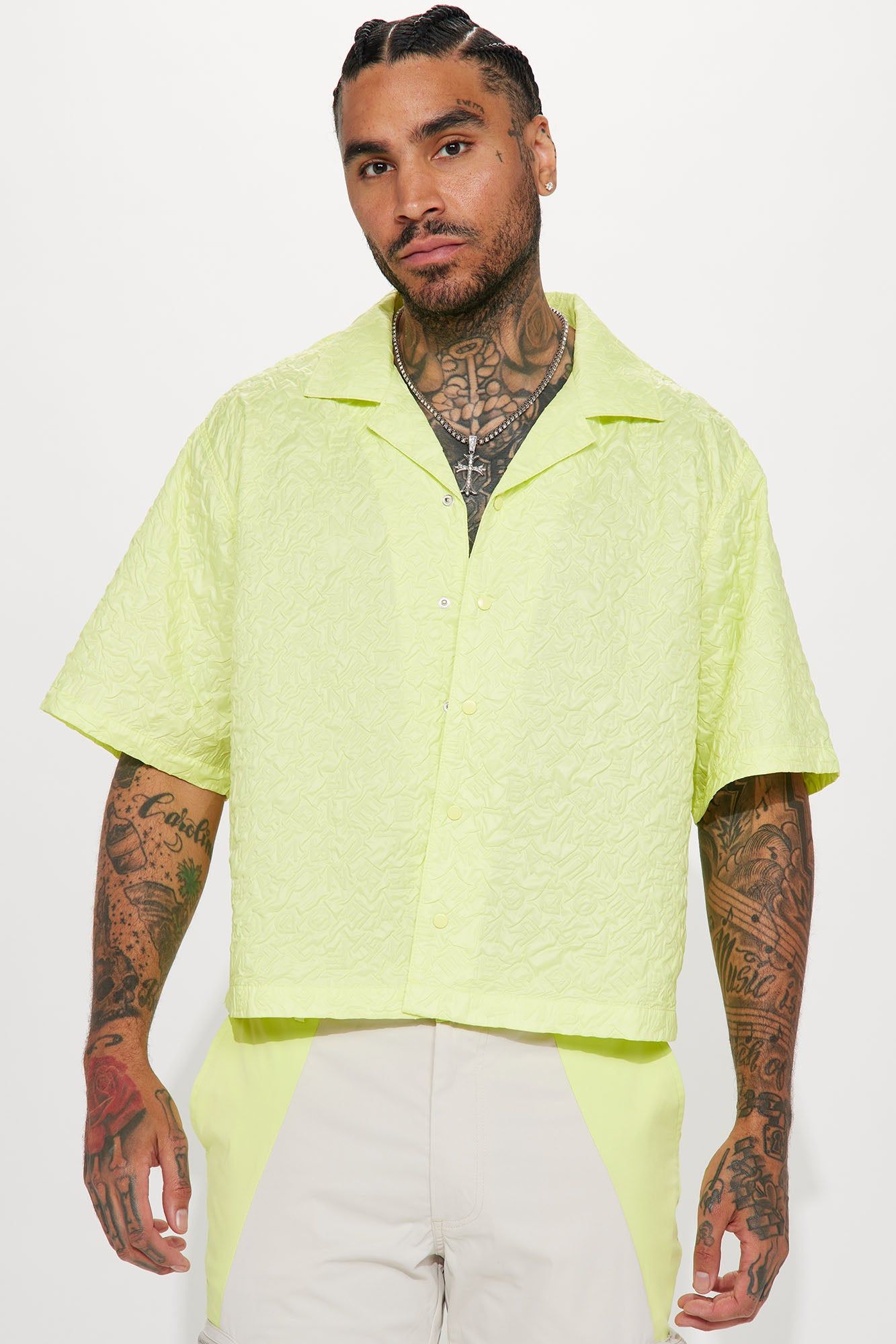 Indio Textured Nylon Cropped Button Up Shirt - Lime sold by Fashion Nova