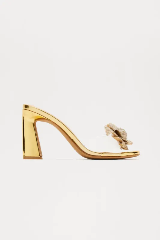 Fallyn Rhinestone Flower Mules - Gold sold by Fashion Nova