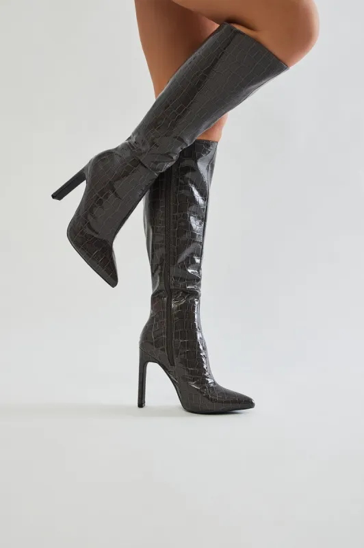 Something Real Knee High Boots - Grey sold by Fashion Nova