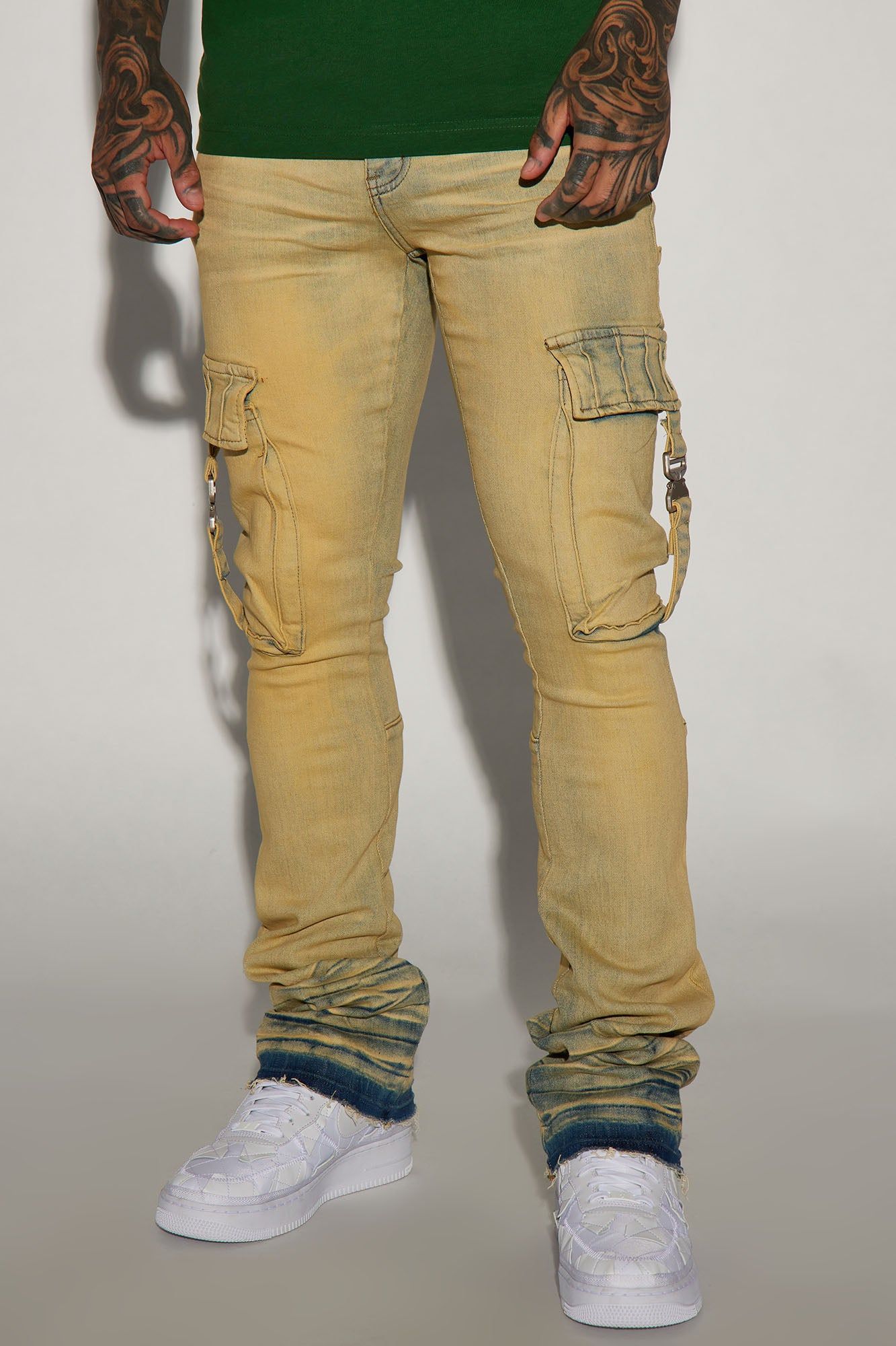 Got Me Buckled Up Stacked Skinny Flare Cargo Jeans - Vintage Wash sold by Fashion Nova