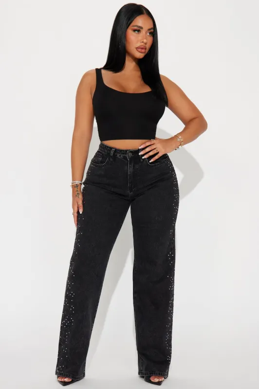 Always Shining Stretch Embellished Straight Leg Jeans - Black Wash sold by Fashion Nova
