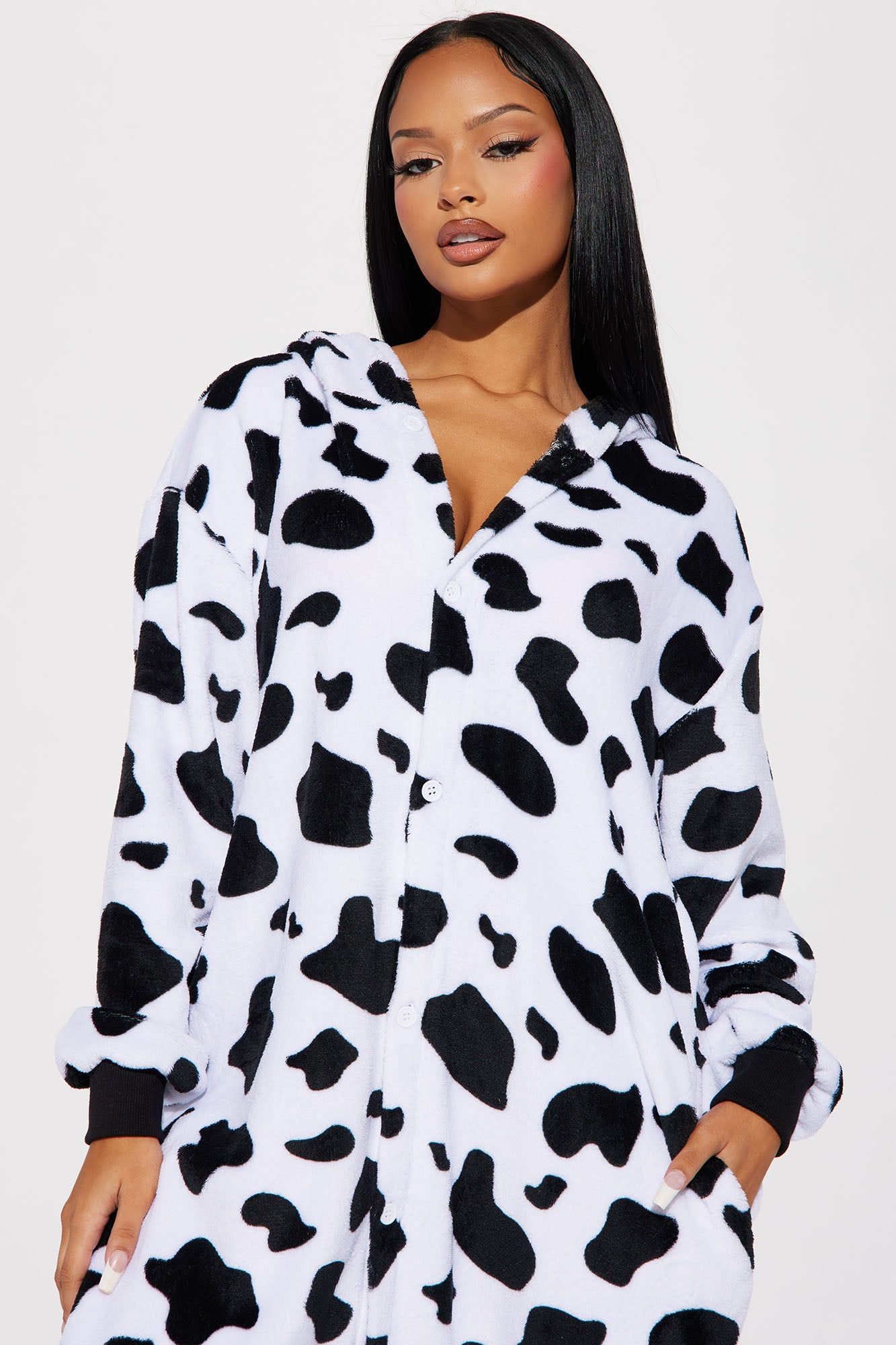 Say Mooo Cow Plush Costume Onesie - White/Black sold by Fashion Nova product image thumbnail 2