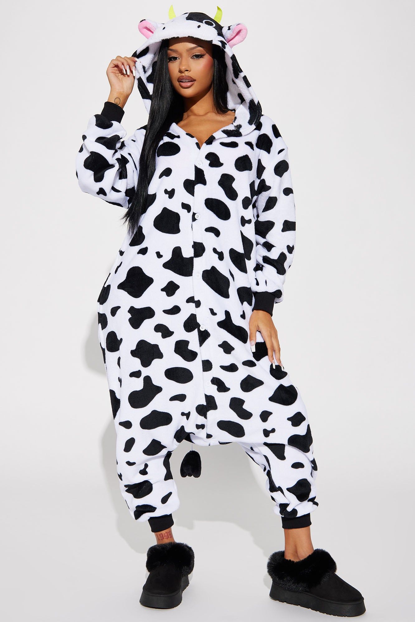 Say Mooo Cow Plush Costume Onesie - White/Black sold by Fashion Nova