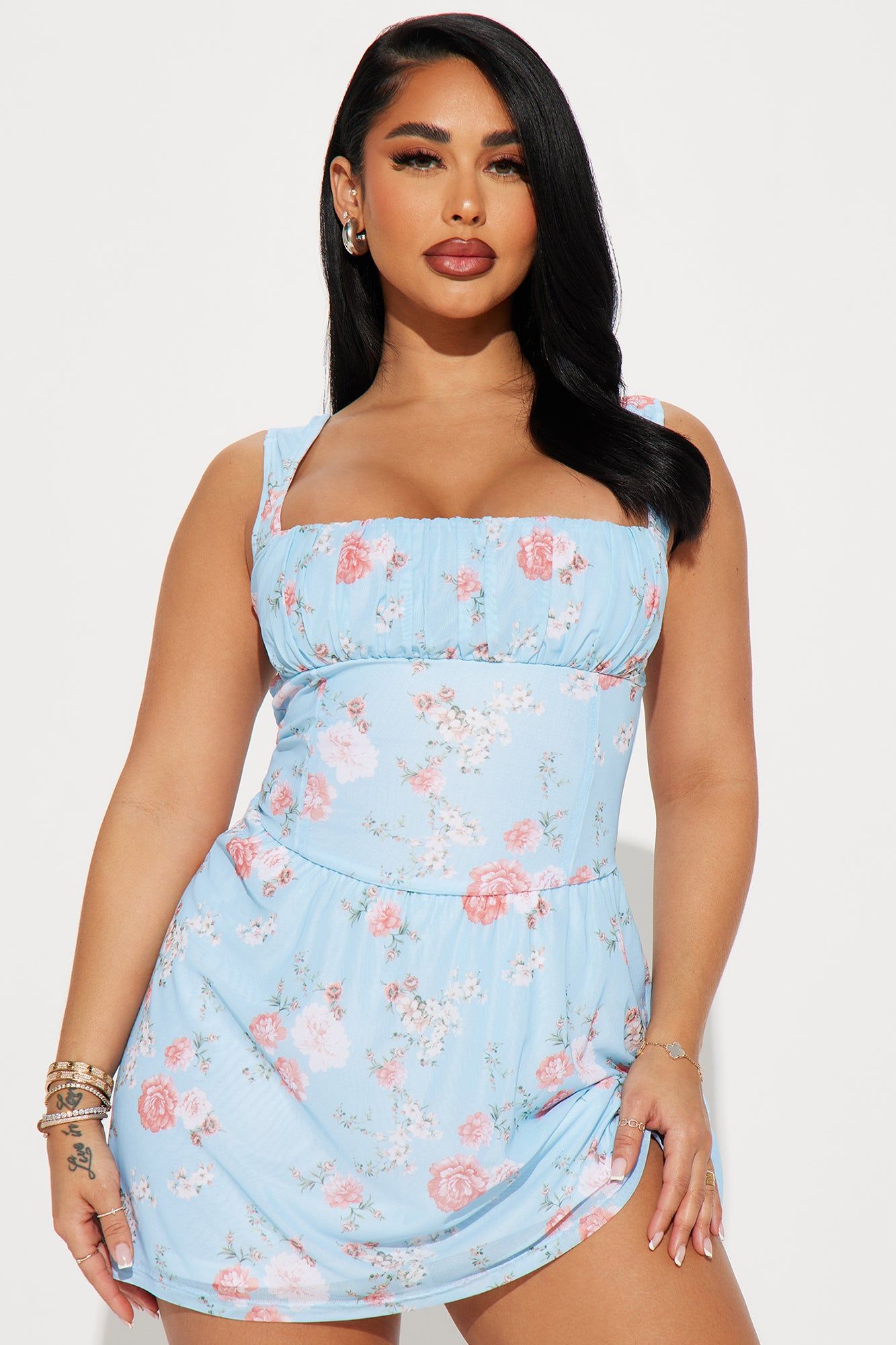 Joanna Mesh Mini Dress - Blue/combo sold by Fashion Nova