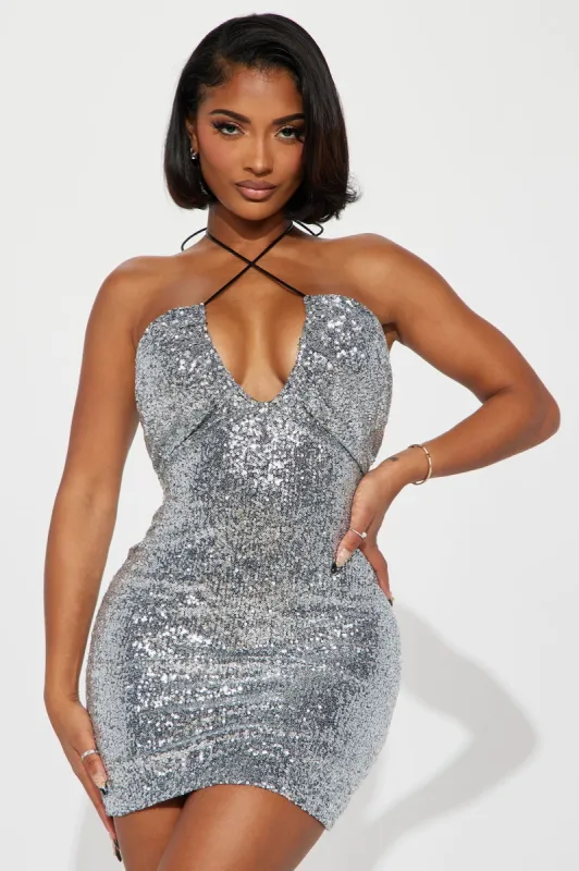 Audrey Sequin Mini Dress - Silver sold by Fashion Nova