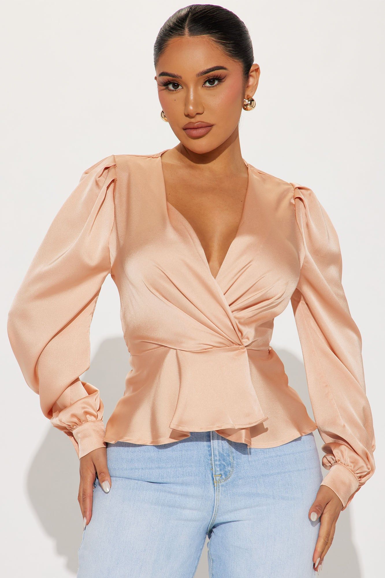 Linda Satin Blouse Top - Champagne sold by Fashion Nova