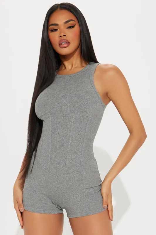 Cut The Act Ribbed Romper - Grey sold by Fashion Nova