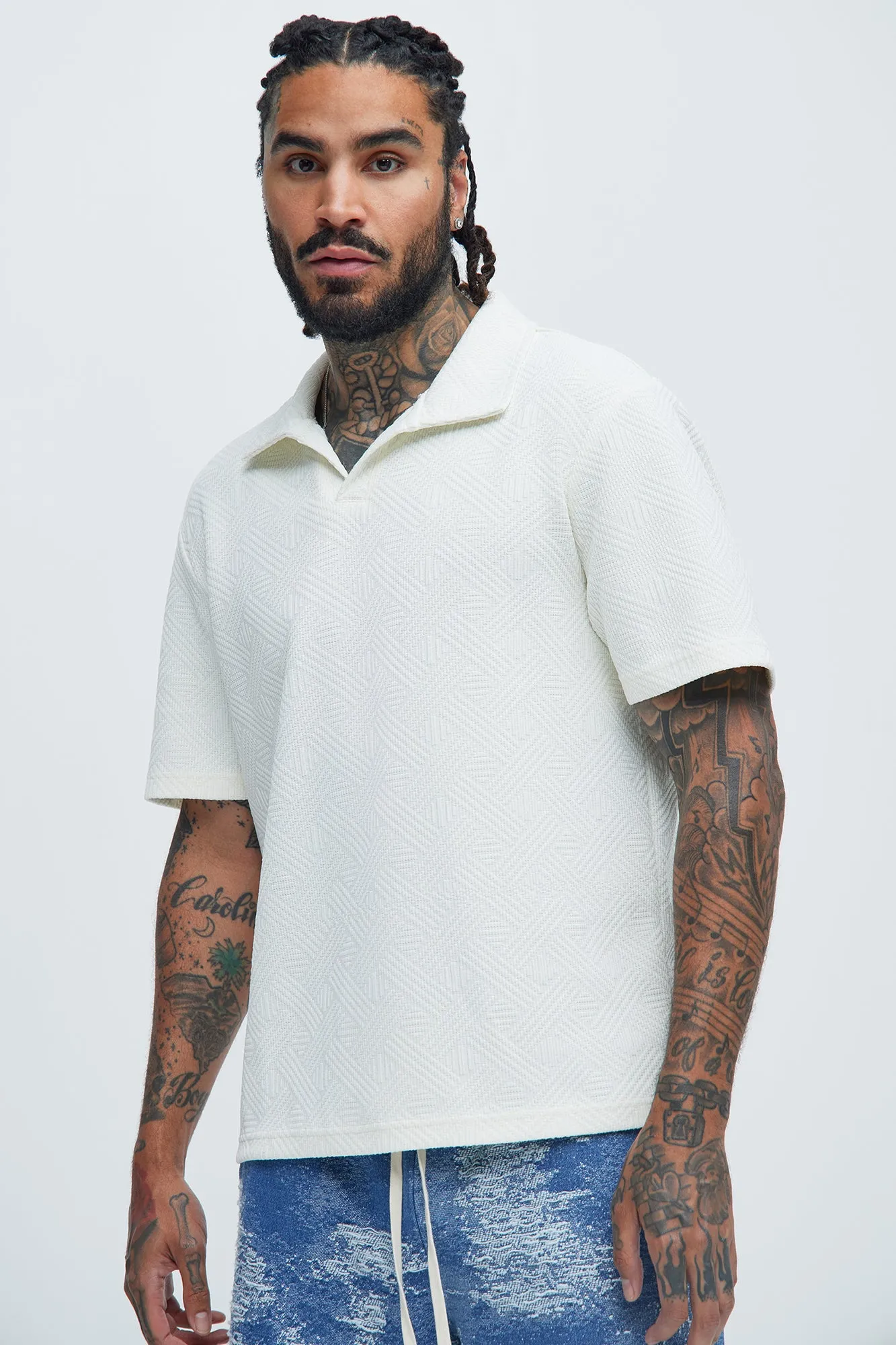 Burley Geo Textured Johnny Collar Shirt - Off White sold by Fashion Nova product image thumbnail 2