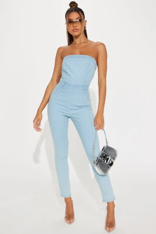 Christy Denim Jumpsuit - Light Wash sold by Fashion Nova
