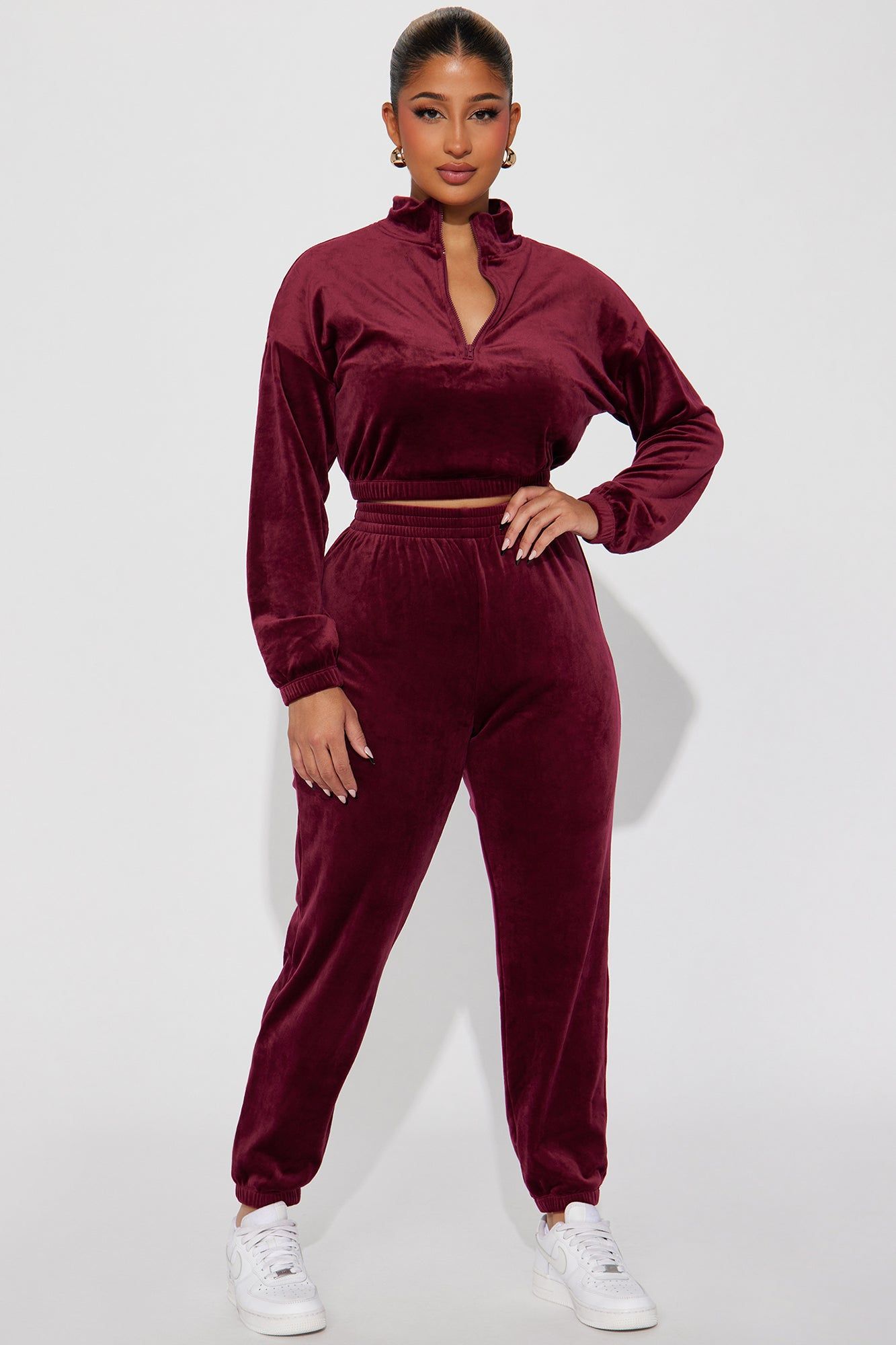 Soft Side Velour Jogger Set - Burgundy sold by Fashion Nova