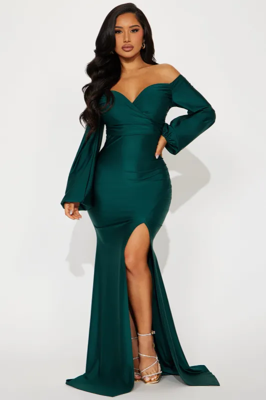 Denise Off Shoulder Maxi Dress - Hunter sold by Fashion Nova