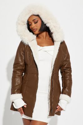 In A Mood  Faux Leather Coat - Brown/combo sold by Fashion Nova