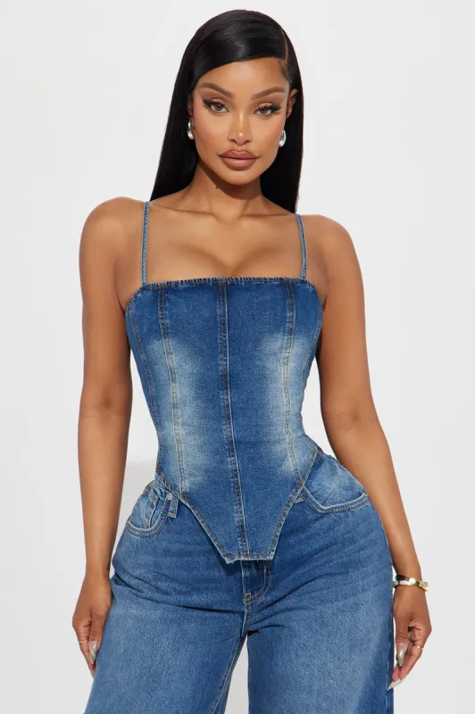 Harley Denim Corset Top - Medium Wash sold by Fashion Nova