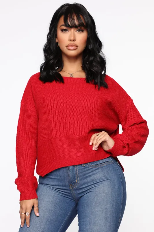 Lia Lace Up Back Sweater - Red made by Fashion Nova