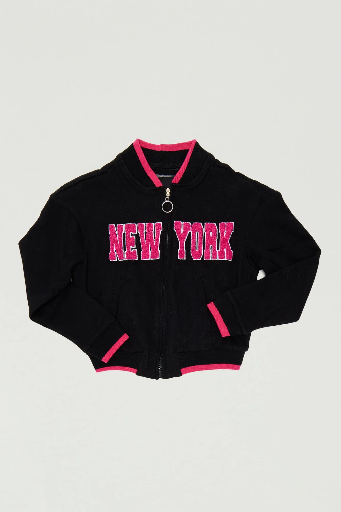 Mini New York Zip Up Varsity Jacket - Black sold by Fashion Nova