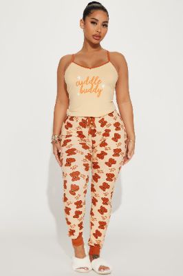 Cuddle Buddy Cami PJ Jumpsuit Onesie - Brown/combo sold by Fashion Nova