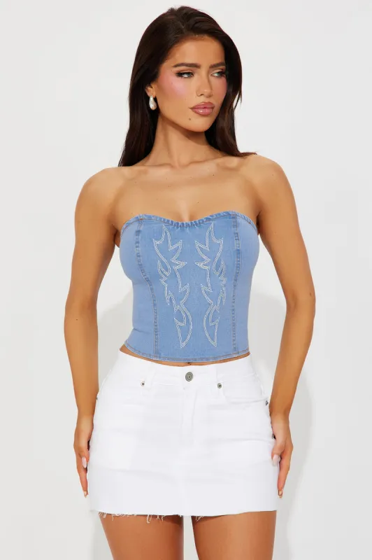 Saddle Up Denim Corset Top - Blue sold by Fashion Nova