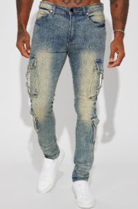 Hold On Cargo Stacked Skinny Jeans - Medium Wash sold by Fashion Nova