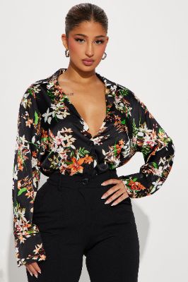 Look For Me Satin Shirt - Black/combo sold by Fashion Nova