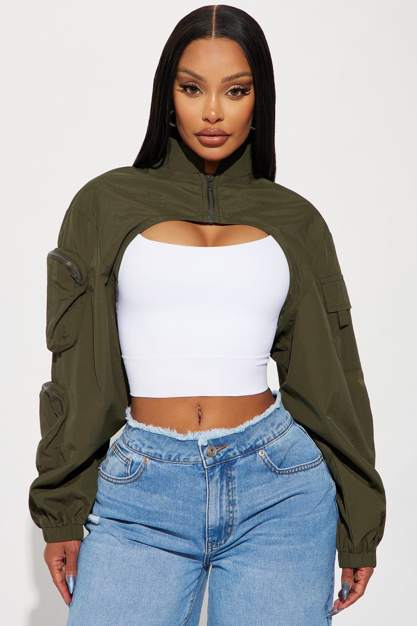 Rather Catch Flights Crop Jacket - Olive sold by Fashion Nova