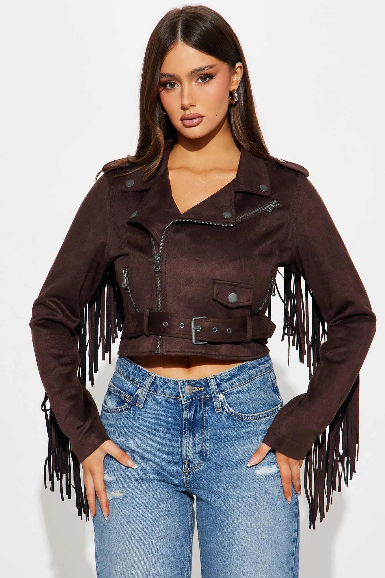 Wild West Connection Fringe Moto Jacket - Brown sold by Fashion Nova