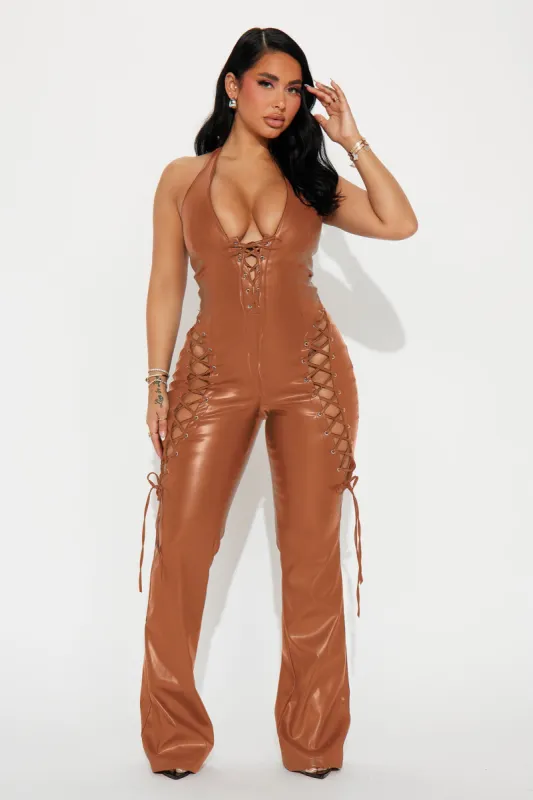 Got A Crush Faux Leather Jumpsuit - Tan sold by Fashion Nova