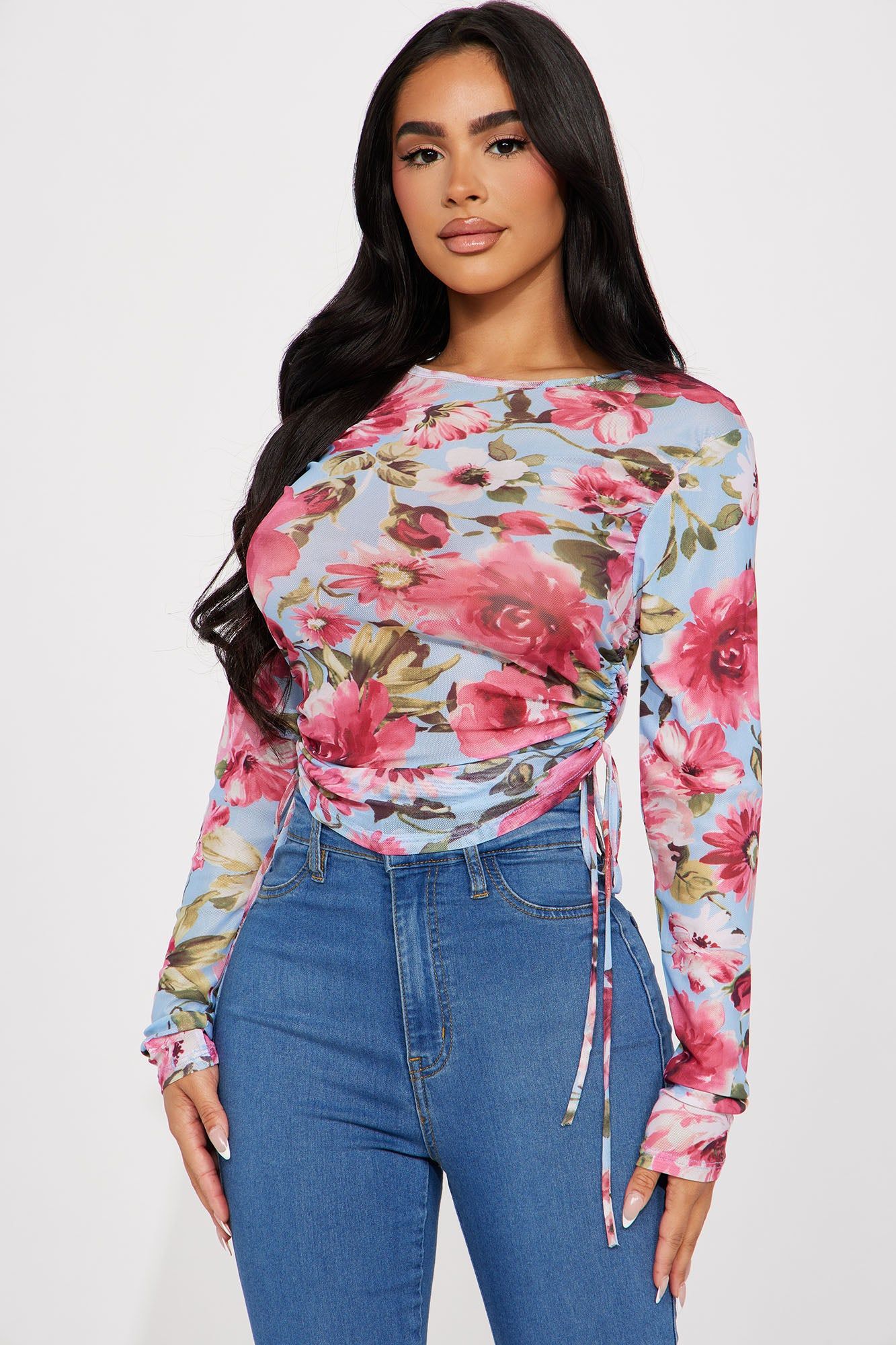 Feminine Urges Mesh Top - Blue/combo sold by Fashion Nova