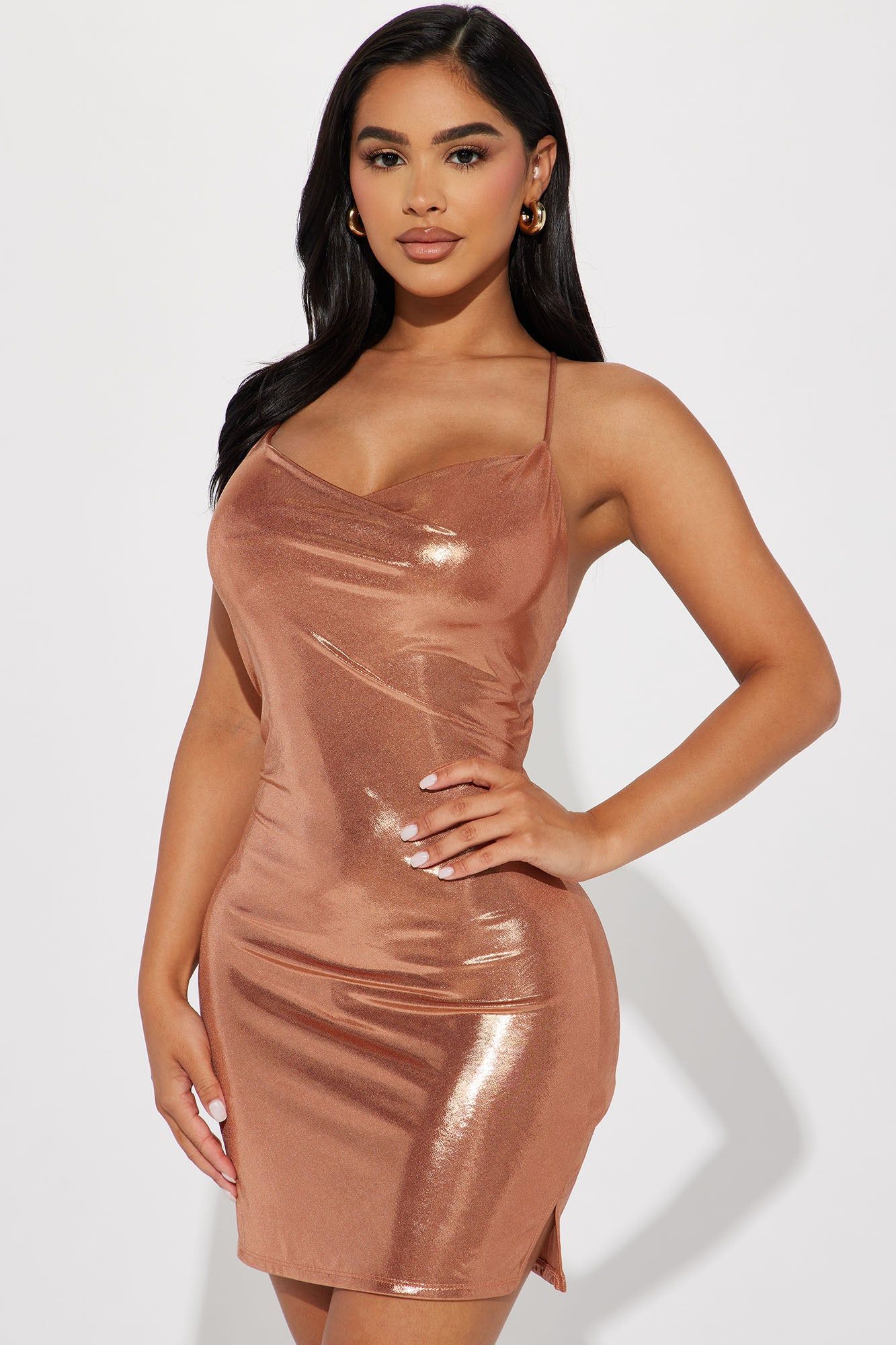 Sasha Metallic Slinky Mini Dress Copper Parallel