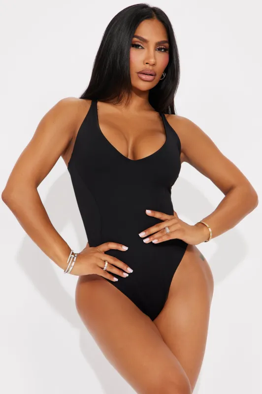 Delvina Snatched Sculpting V Neck 1 Piece Swimsuit - Black sold by Fashion Nova