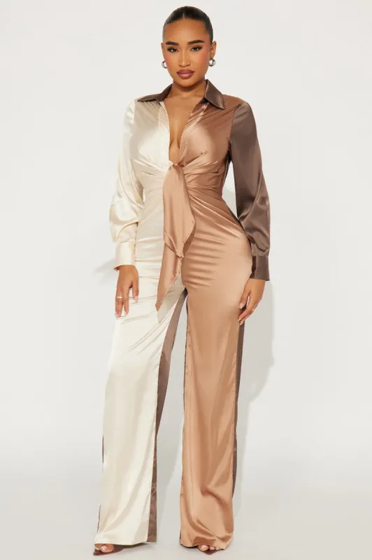 Beauty In A Bottle Satin Jumpsuit - Mocha/combo sold by Fashion Nova