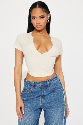 Valentina Plunge Crop Top - Oatmeal sold by Fashion Nova