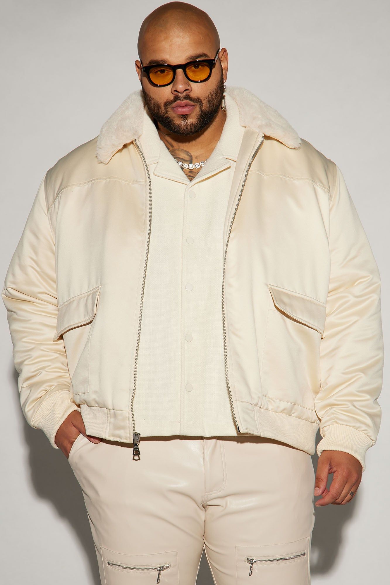 Faux Fur Collar Aviator Bomber Jacket - Cream sold by Fashion Nova