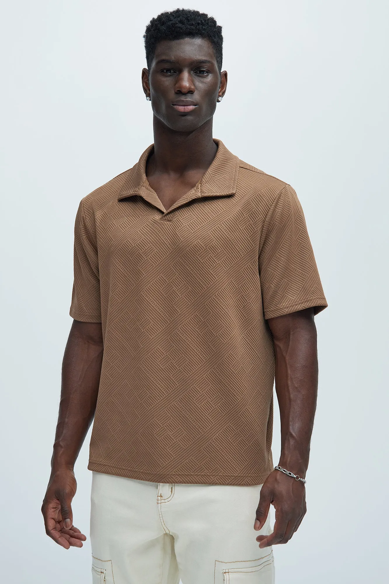 Easton Geo Textured Johnny Collar Polo - Brown sold by Fashion Nova