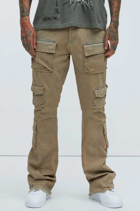 Three Cargo Stacked Skinny Flare Jeans - Taupe sold by Fashion Nova