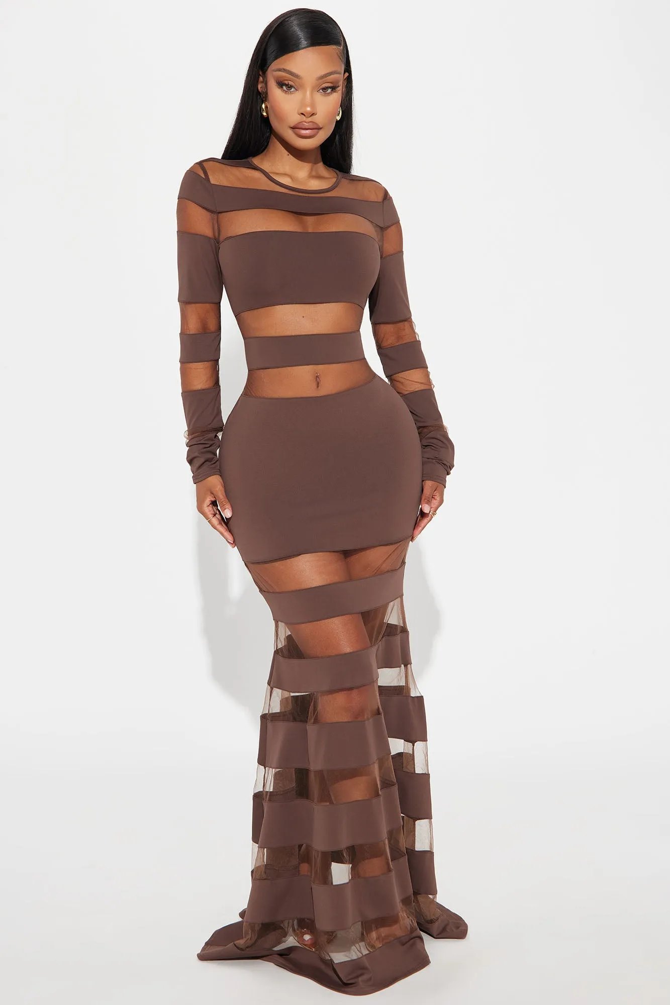 Gemma Cut Out Mesh Maxi Dress - Brown sold by Fashion Nova