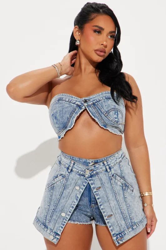 What Plans Washed Denim Skort Set - Light Wash sold by Fashion Nova