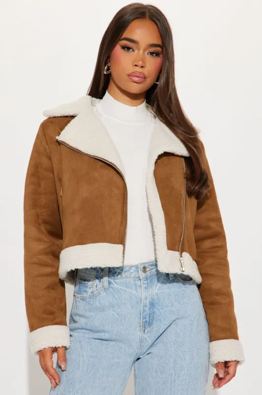 Ready To Ride Shearling Moto Jacket - Camel sold by Fashion Nova