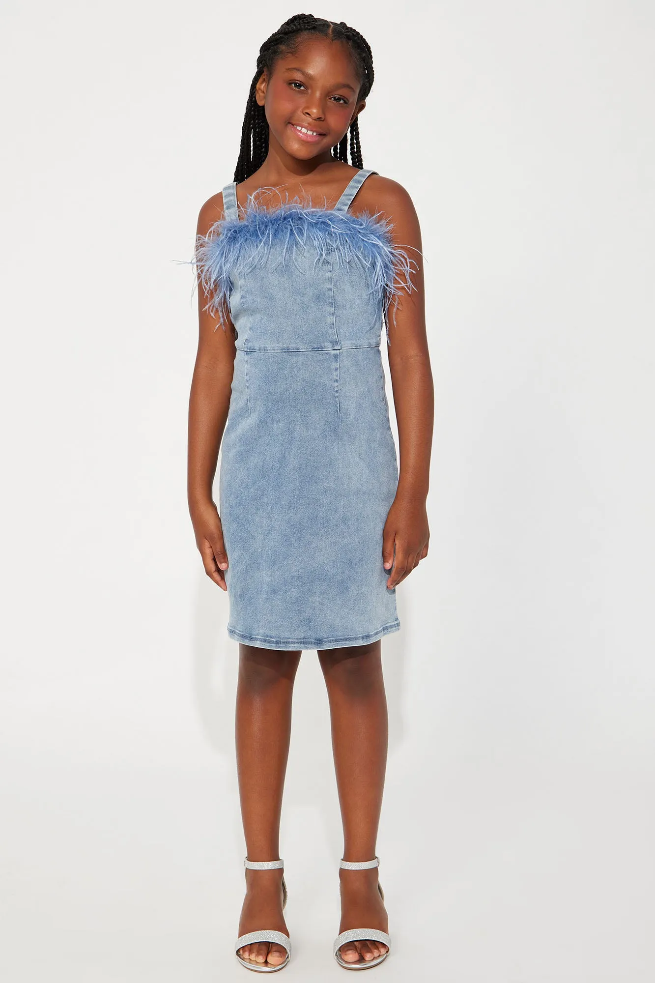 Mini She's A Star Denim Dress With Feathers - Medium Blue Wash sold by Fashion Nova