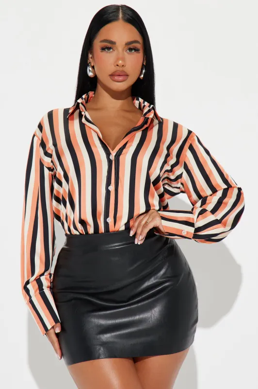 Sally Striped Satin Shirt - Peach/combo sold by Fashion Nova