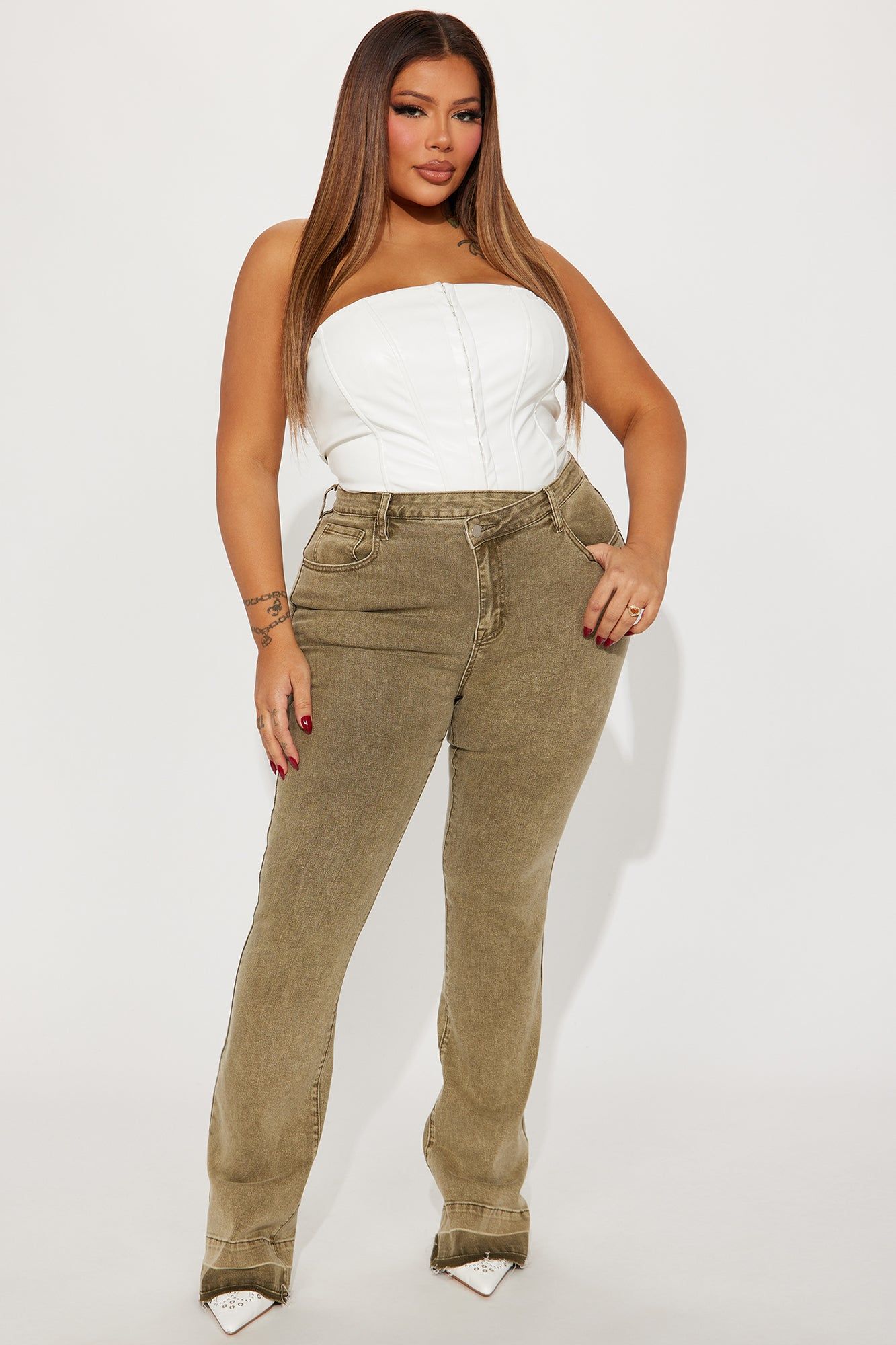 Verdant High Rise Stretch Flare Jeans - Olive sold by Fashion Nova product image thumbnail 4