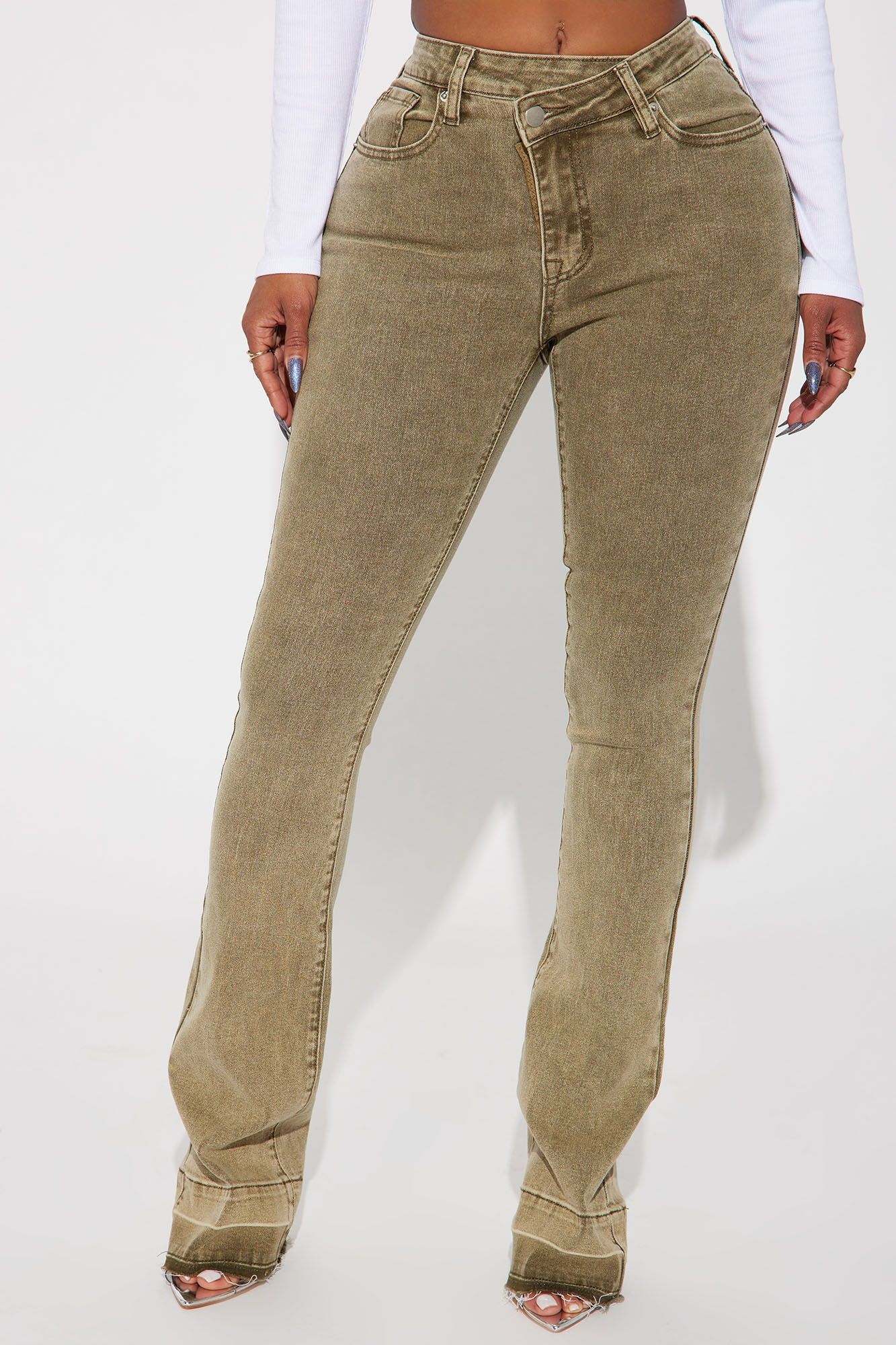 Verdant High Rise Stretch Flare Jeans - Olive sold by Fashion Nova product image thumbnail 2